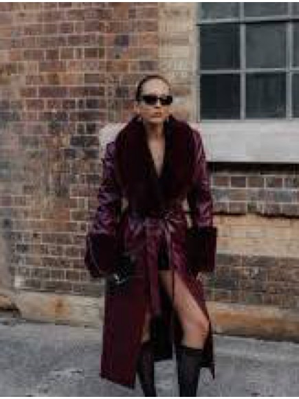 Meshki Burgundy Trench Coat With Faux Fur Collar